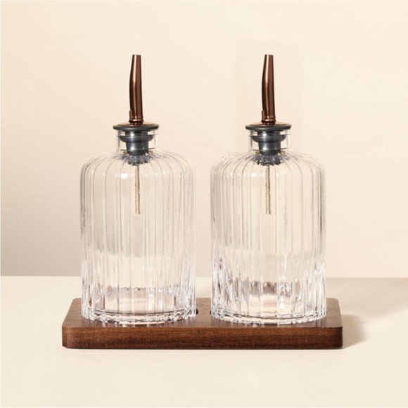 Oil & Vinegar Ribbed Glass Bottle Set with Wood Base - Hearth & Hand Magnolia - Picture 1 of 5